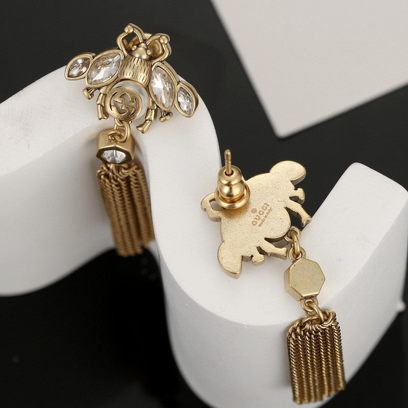 Gucci Double Bee Tassel Crystal 18K Gold Earrings