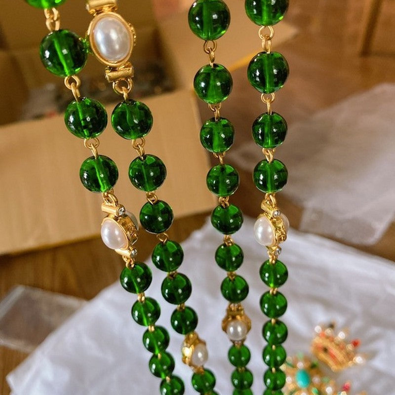 Chanel Long Green & White Pearls 18K Gold Necklace
