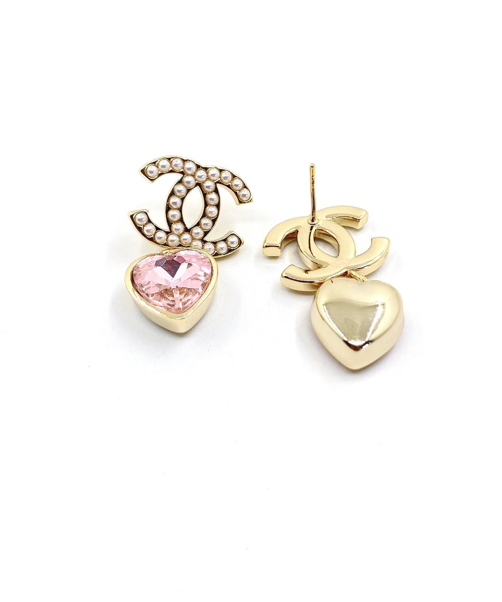 Chanel Pink Heart Crystal 18K Gold Earrings