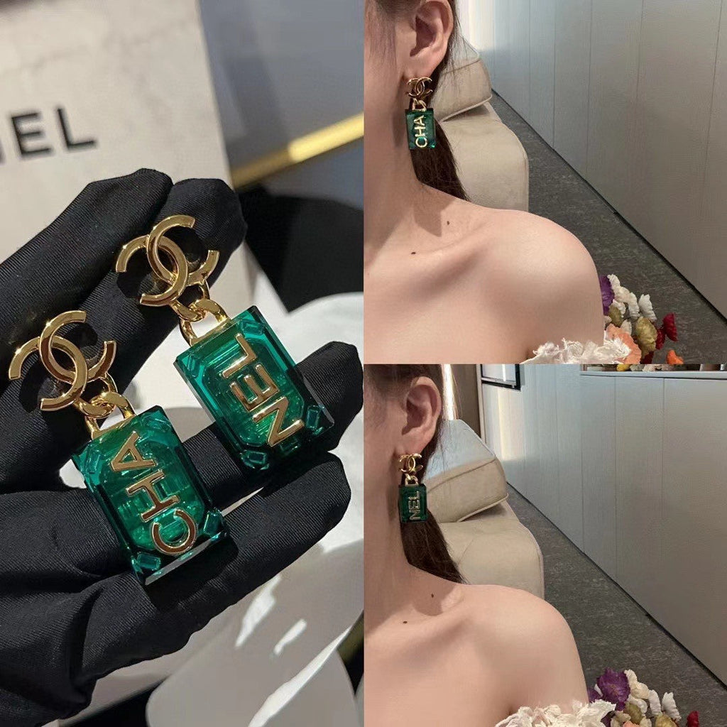 Chanel Green Perfume Bottle 18K Gold Earrings