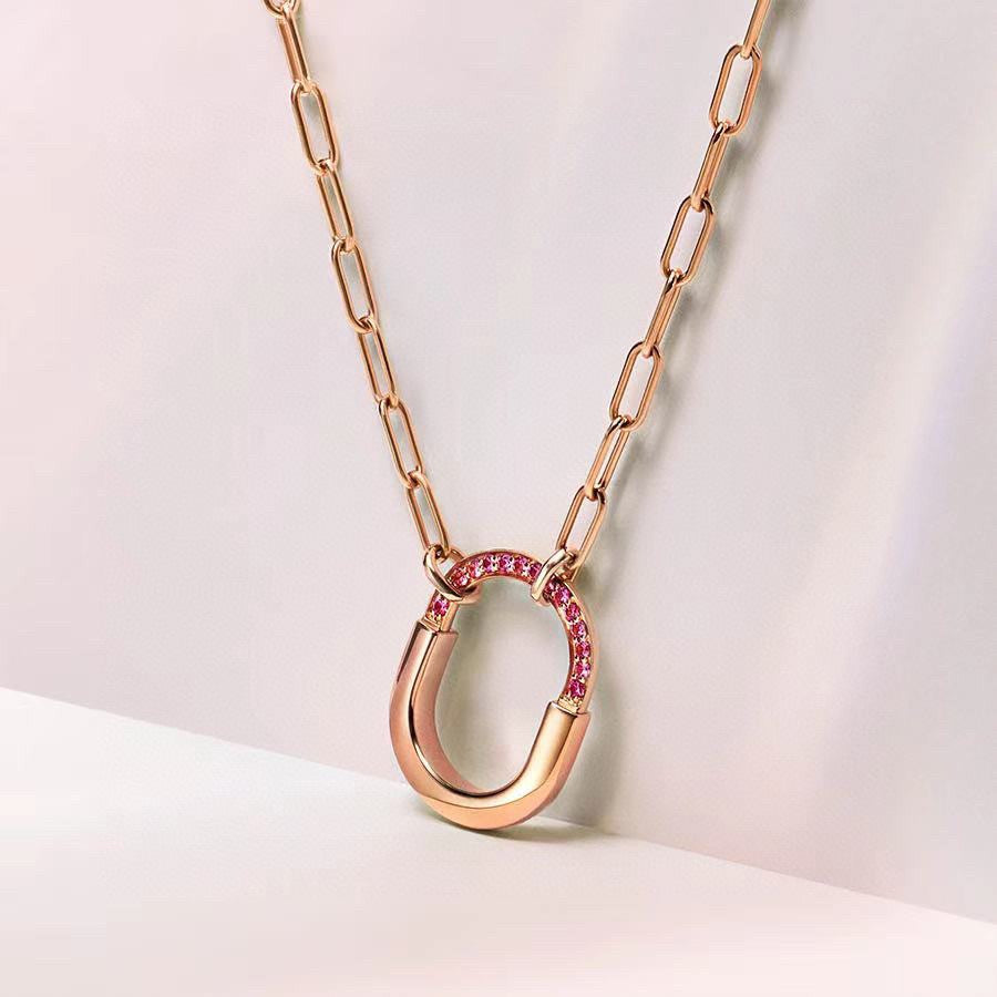 Tiffany Lock Pink Pave Diamonds 18K Gold Necklace