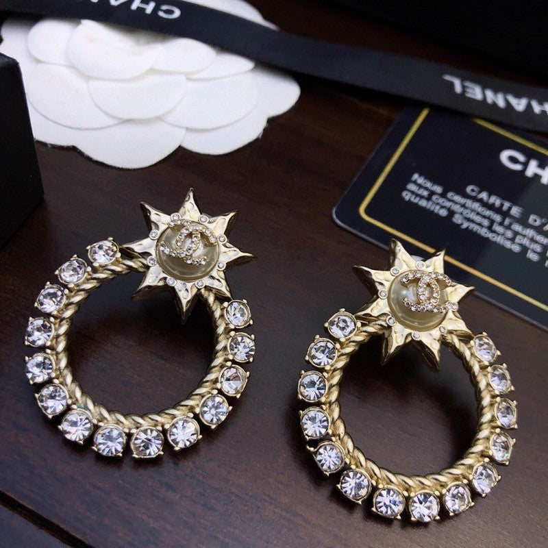 Chanel Star Full Crystal 18K Gold Earrings