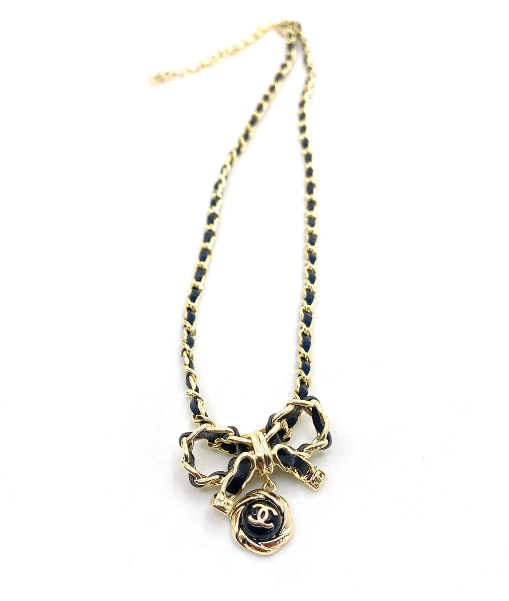 Chanel Rhinestone Bow Tie 18K Gold Necklace