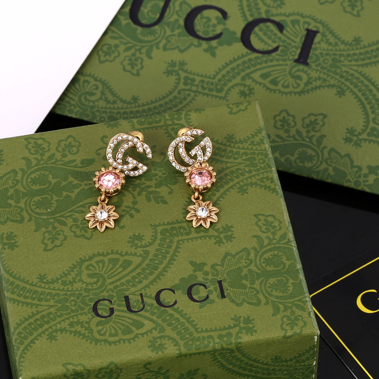 Gucci Double Flower Crystal 18K Gold Earrings