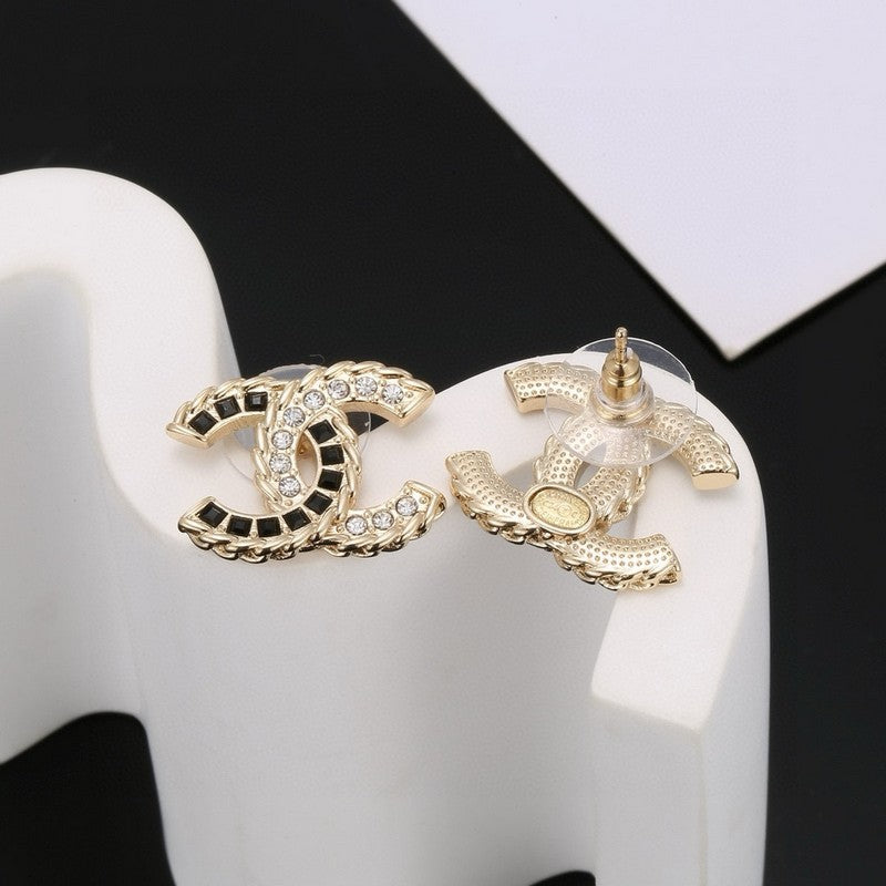 Chanel Crystal Leather 18K Gold Earrings