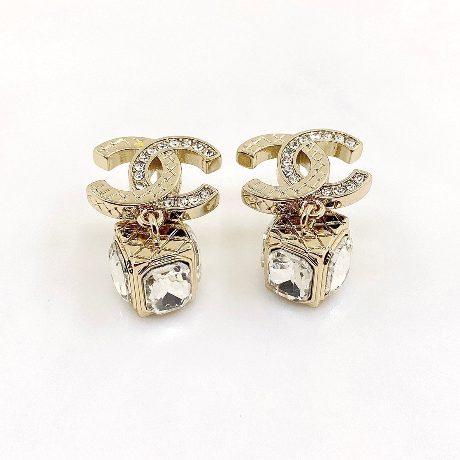 Chanel Square Crystal Pendant 18K Gold Earrings