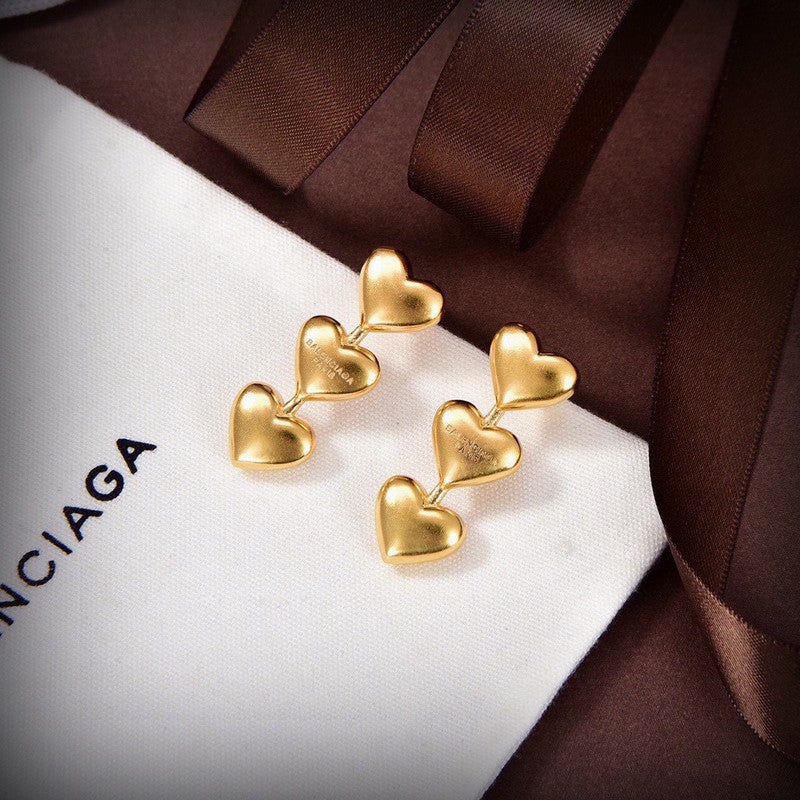 Balenciaga Three Heart Gold 18K Gold Earrings