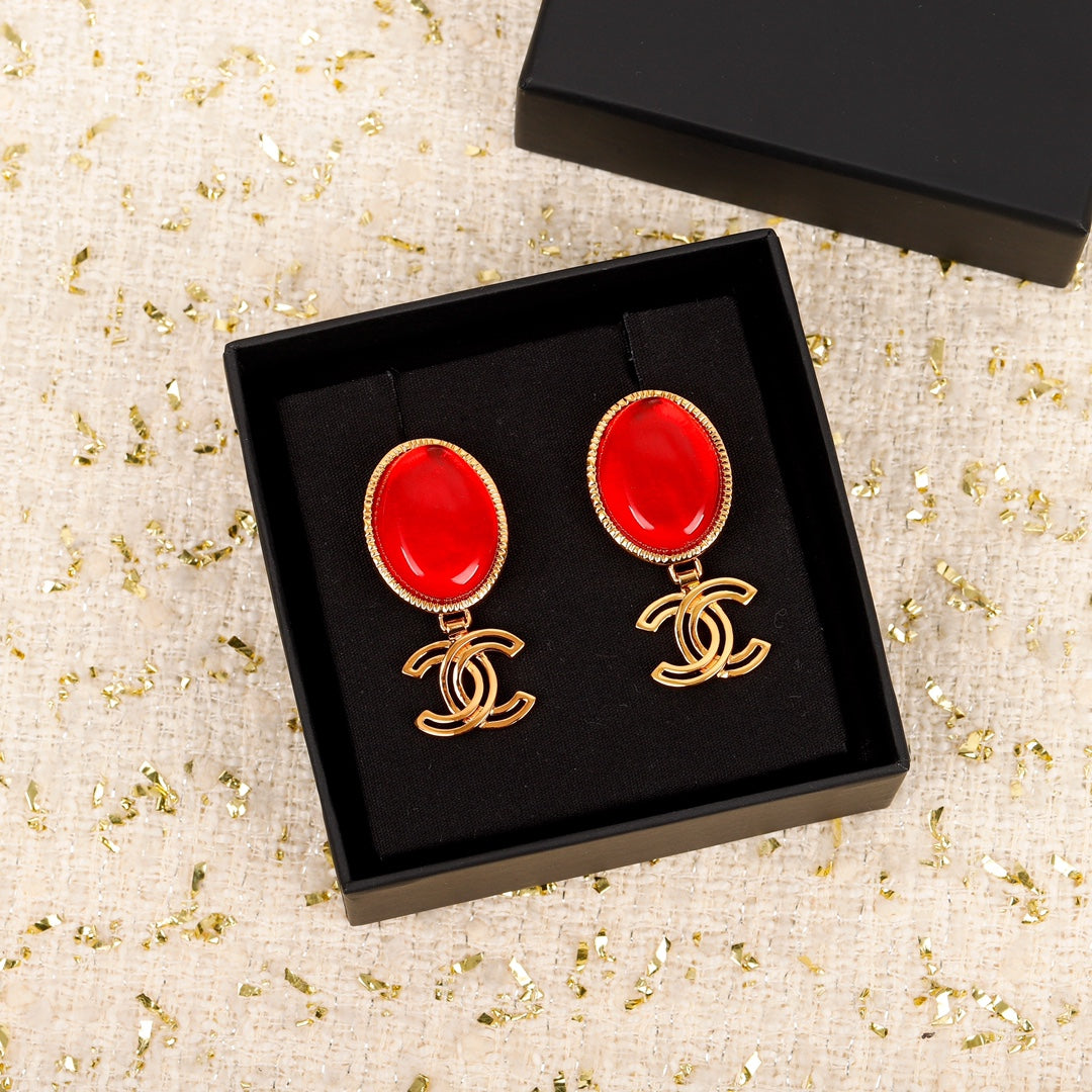 Chanel Red Crystal Pendant 18K Gold Earrings