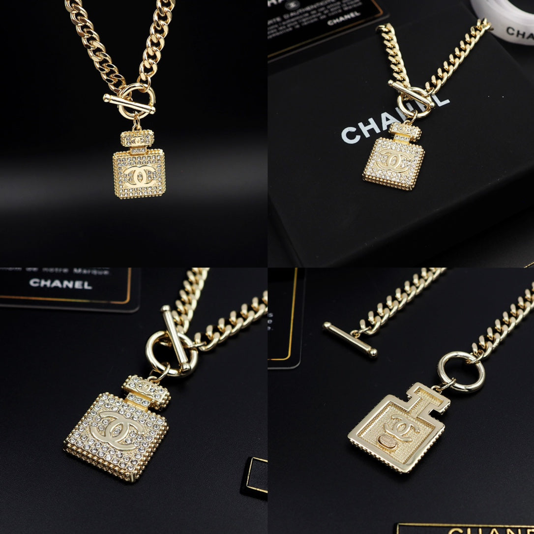 Chanel Diamond Perfume Bottle Pendant 18K Gold Necklace