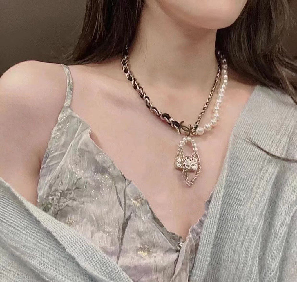 Chanel Pearl Bag Pendant 18K Gold Necklace