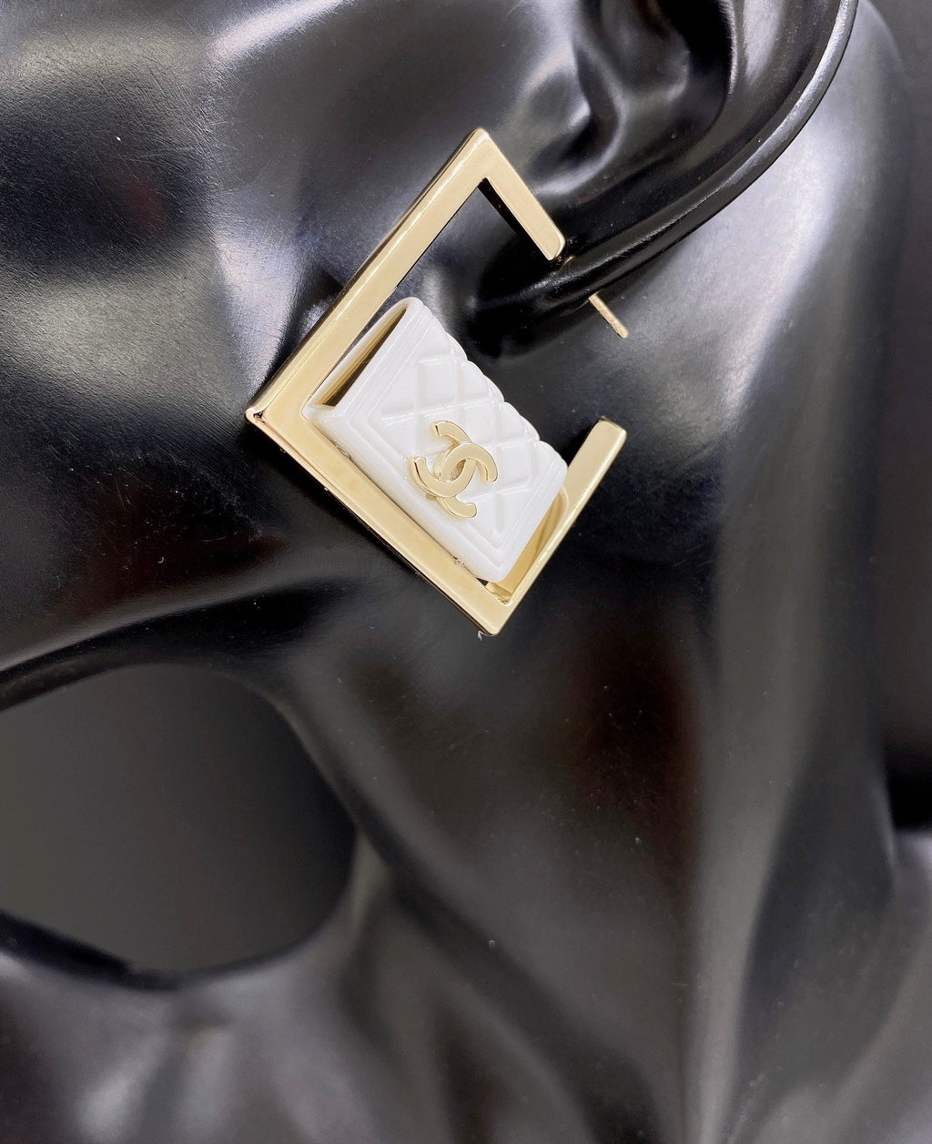 Chanel White Bag Pendant 18K Gold Earrings