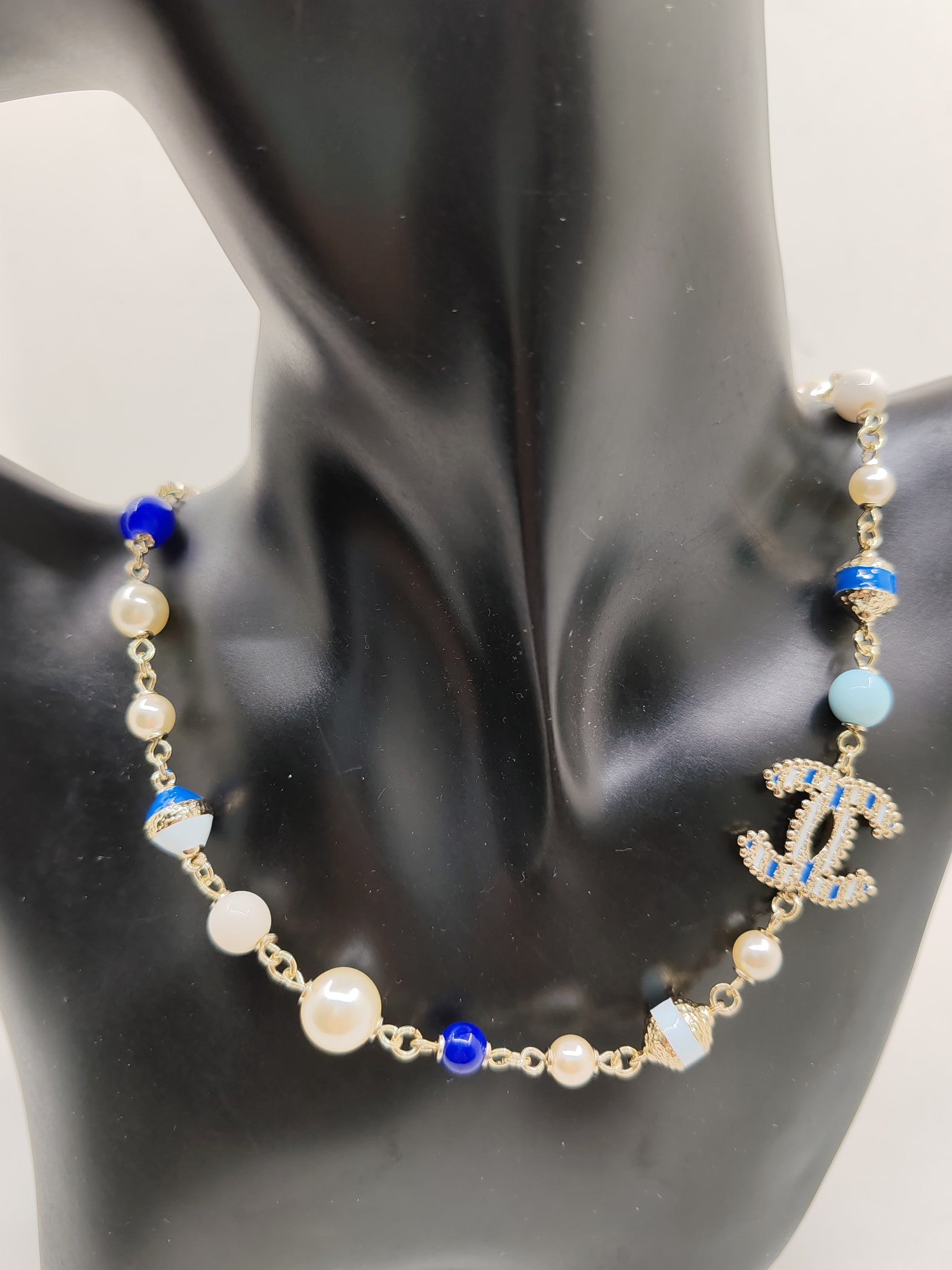 Chanel Blue & White Pearls 18K Gold Necklace