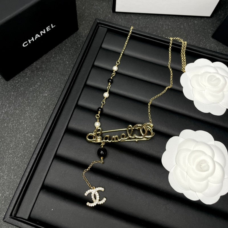 Chanel Rhinestone Pearl Letter 18K Gold Necklace