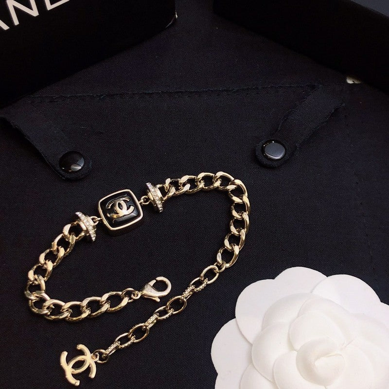 Chanel Black Logo Gold Chain 18K Gold Bracelet