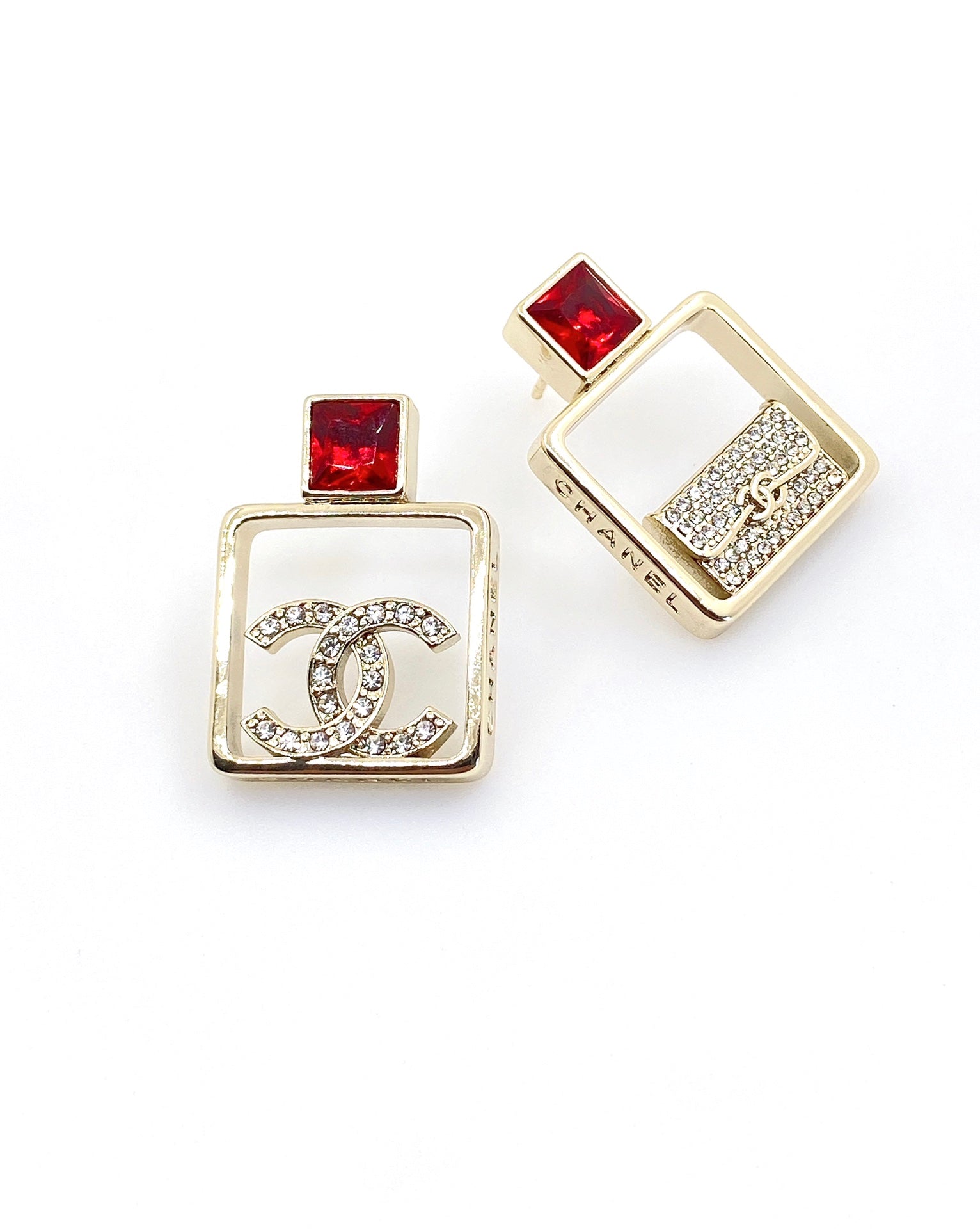 Chanel Red Bottle Pendant 18K Gold Earrings