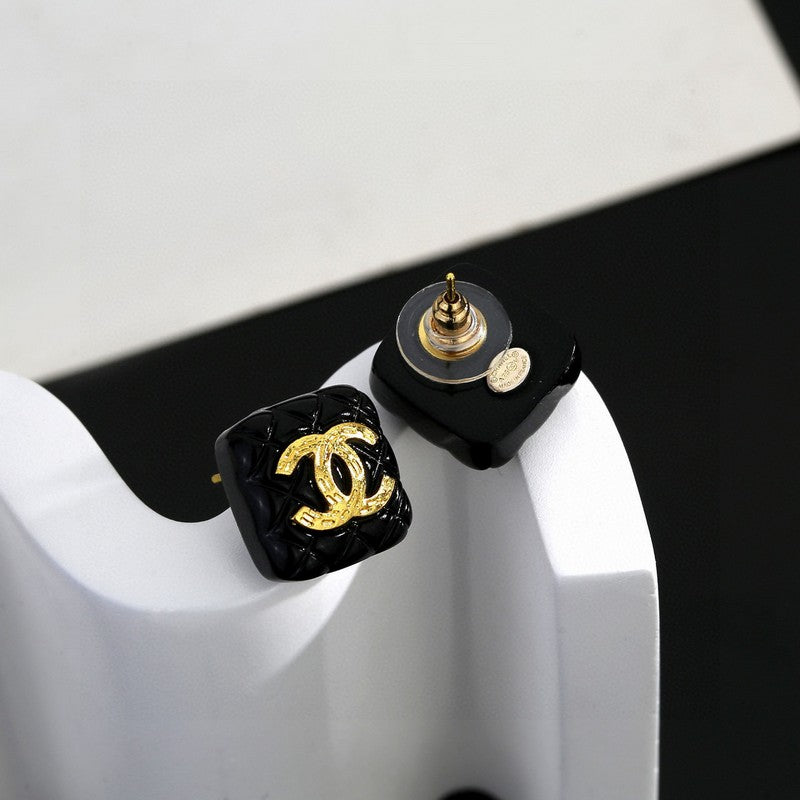 Chanel Black Gold Square 18K Gold Earrings