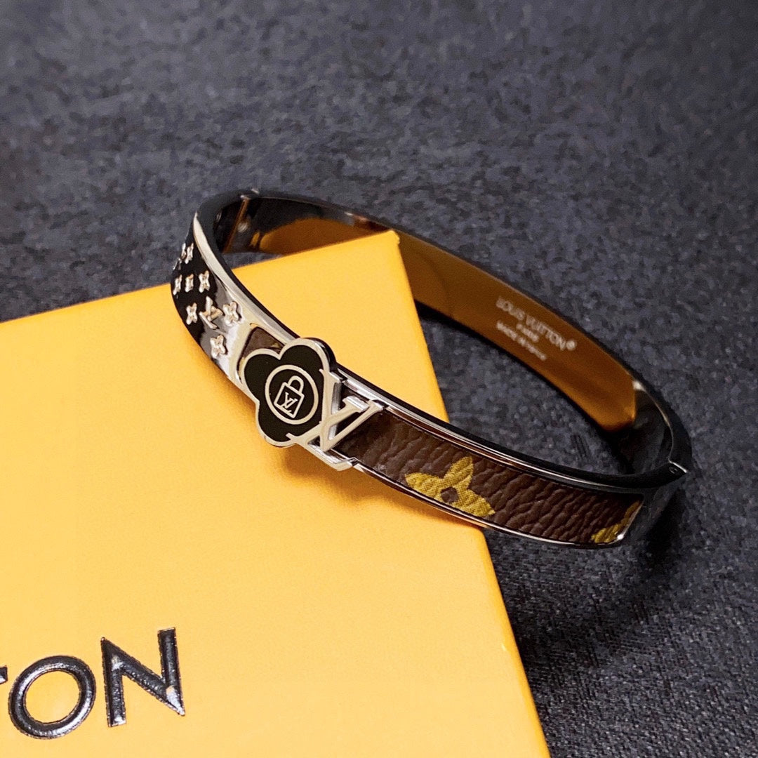 Louis Vuitton Leather Lock 18K Gold Bracelet