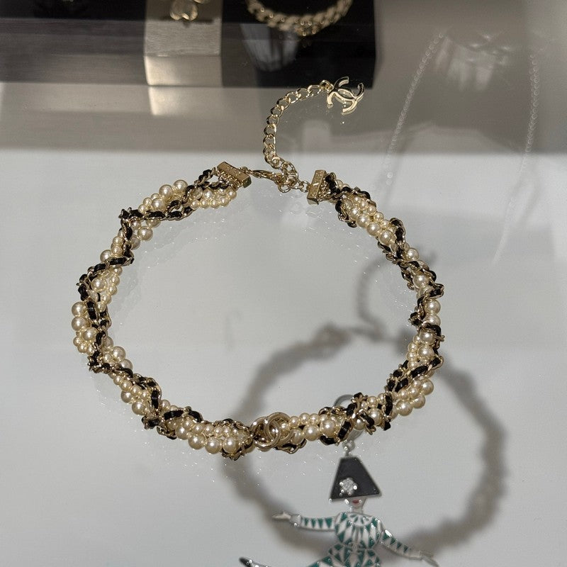 Chanel Pearl Leather Choker 18K Gold Necklace