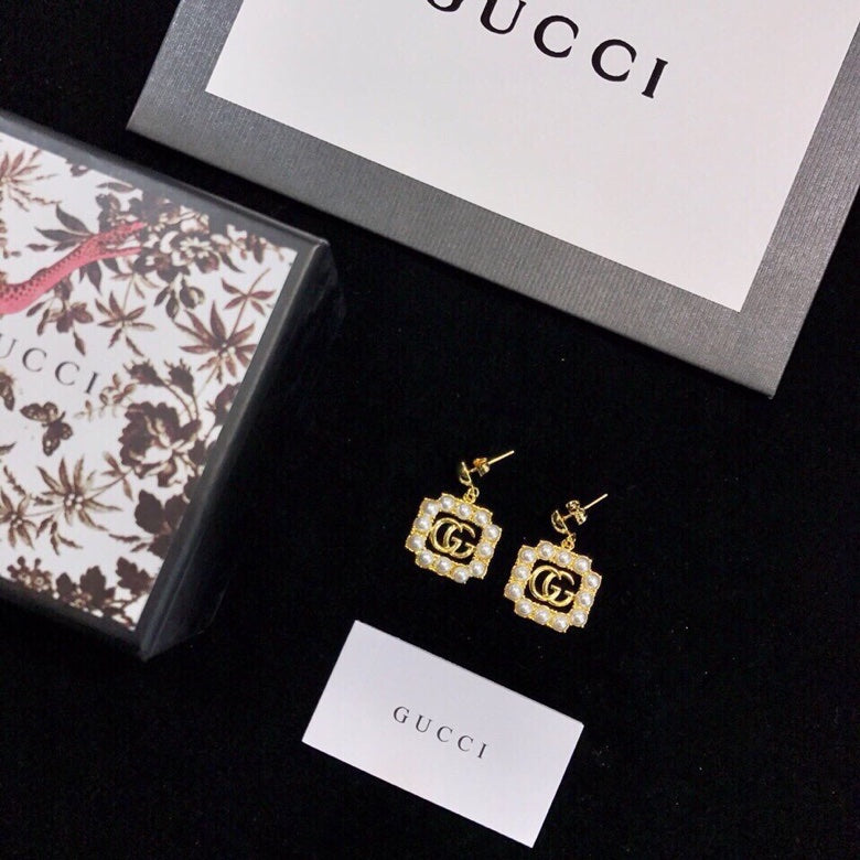 Gucci Double Square Pearl 18K Gold Earrings