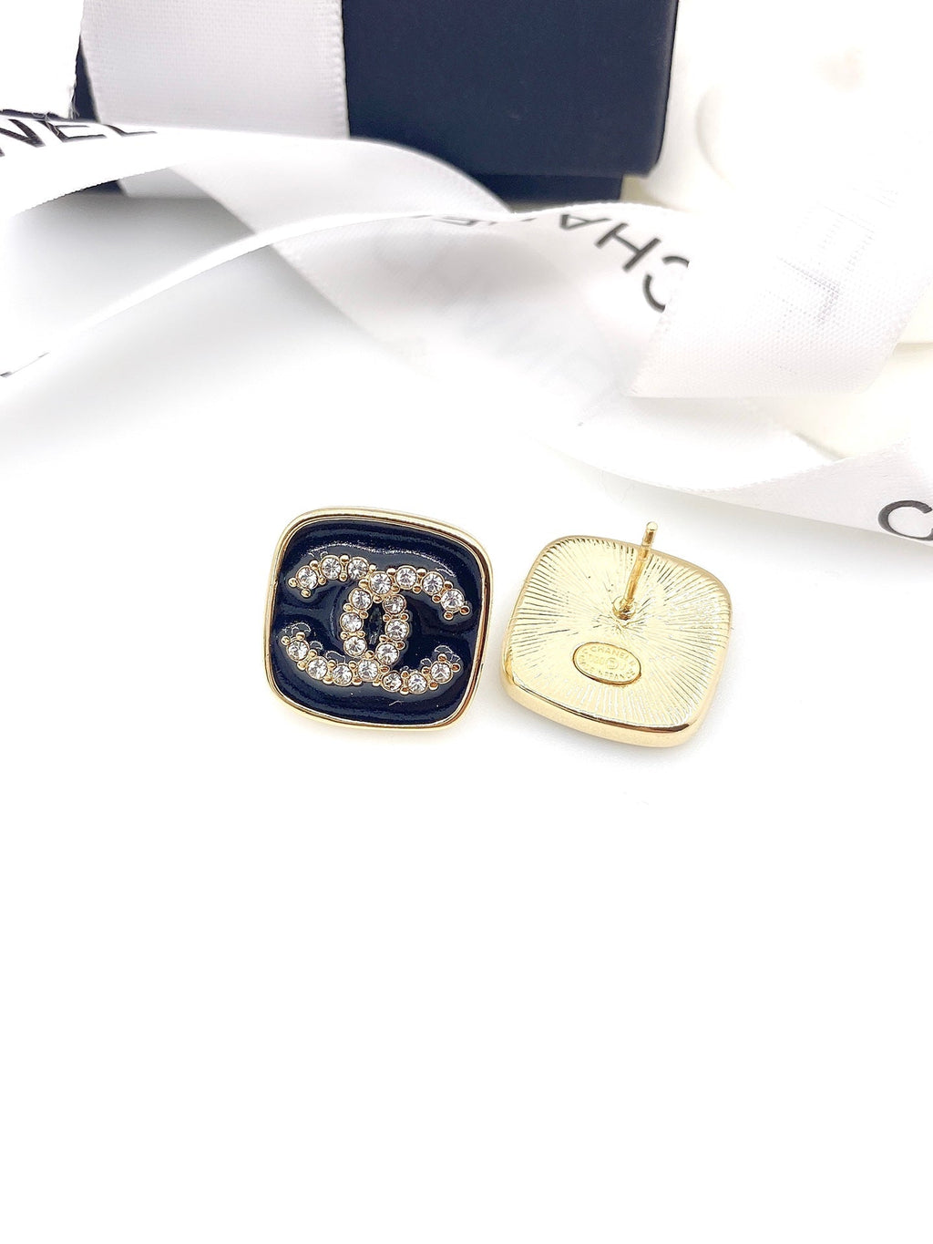 Chanel Square Resin Diamond 18K Gold Earrings