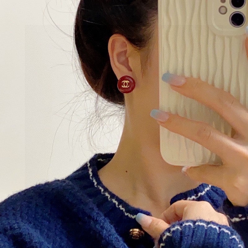 Chanel Wine Red Round 18K Gold Earrings