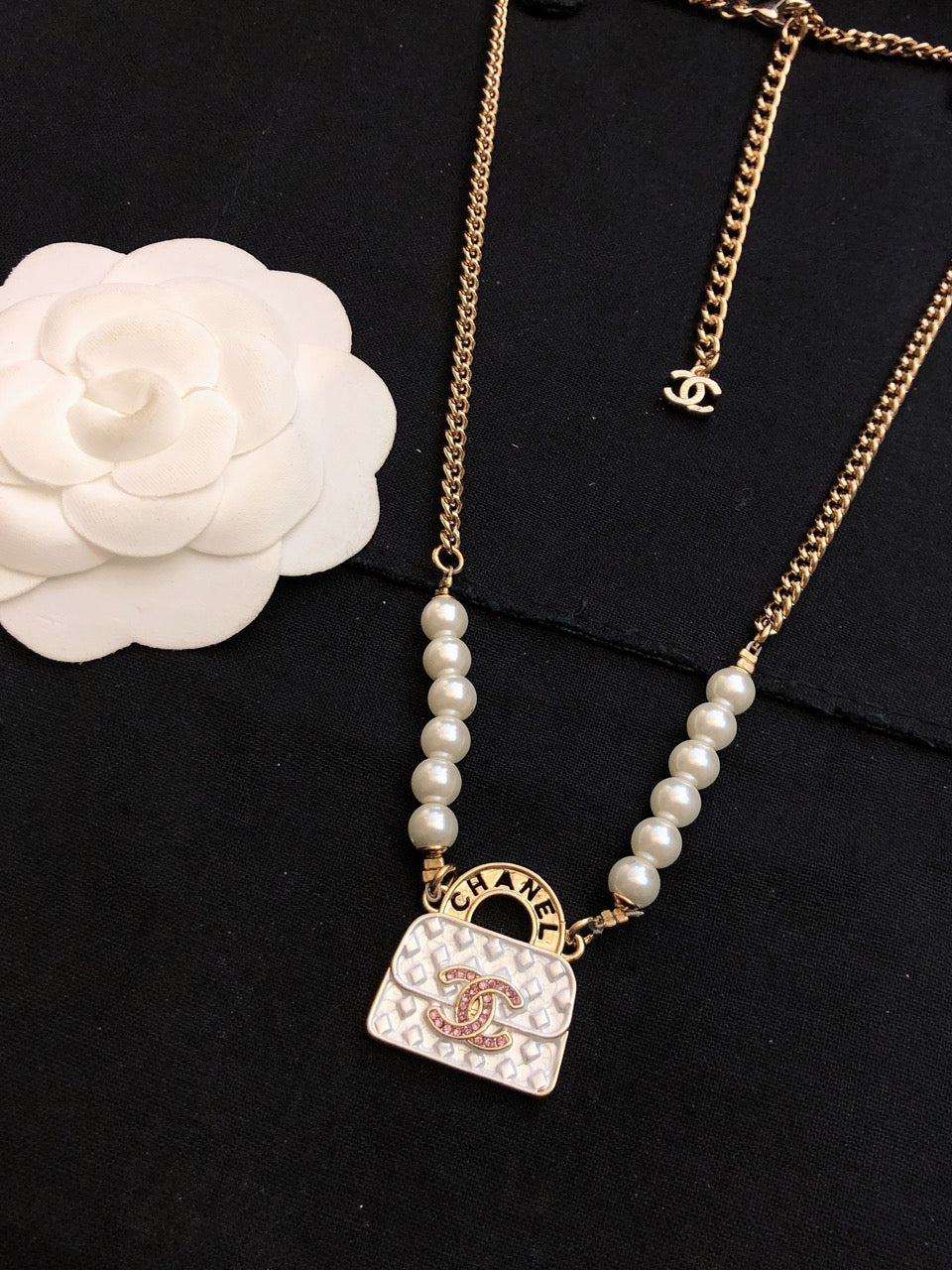 Chanel Pearls Bag Pendant 18K Gold Necklace