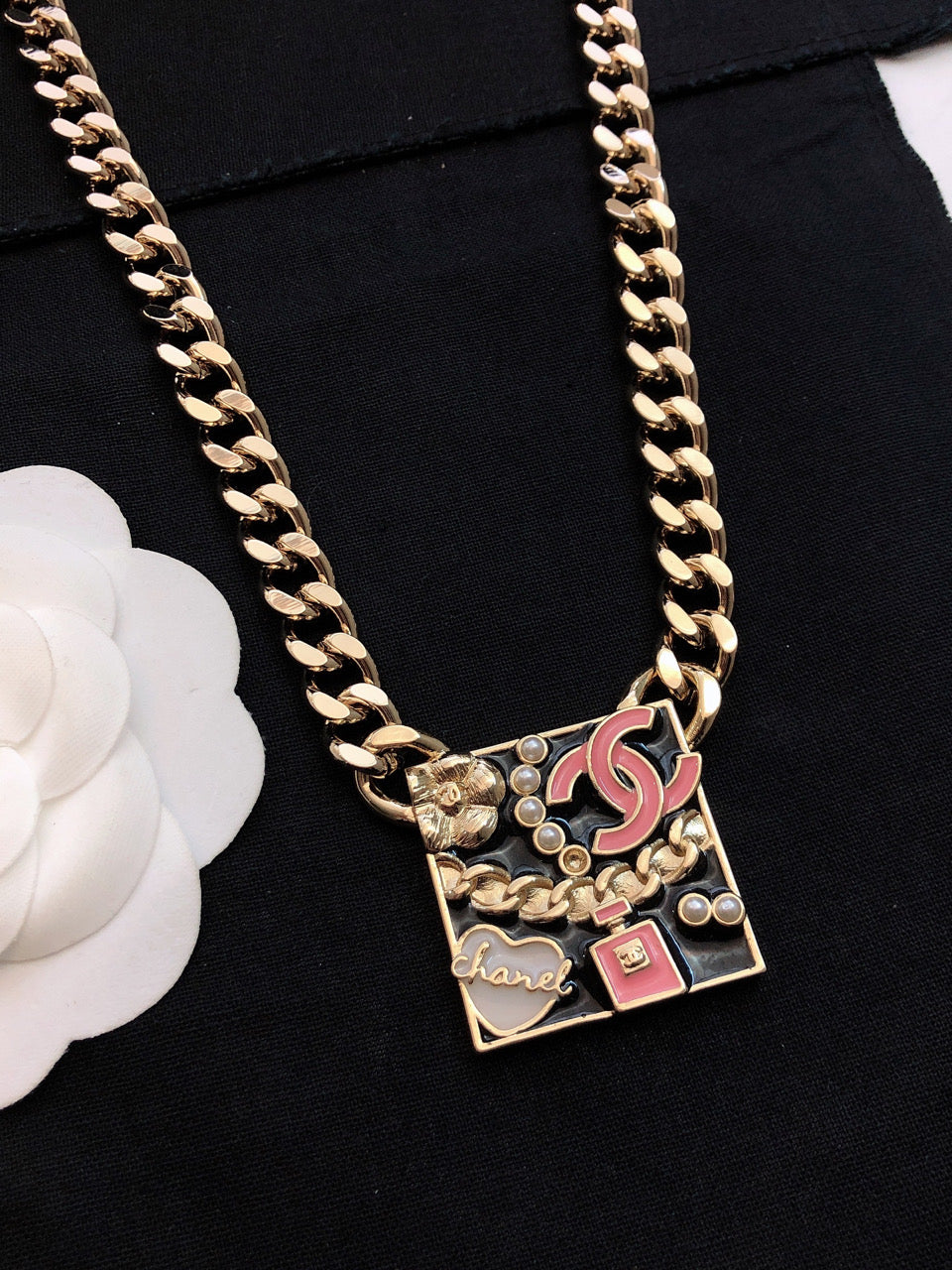 Chanel Pink Logo Chain 18K Gold Necklace
