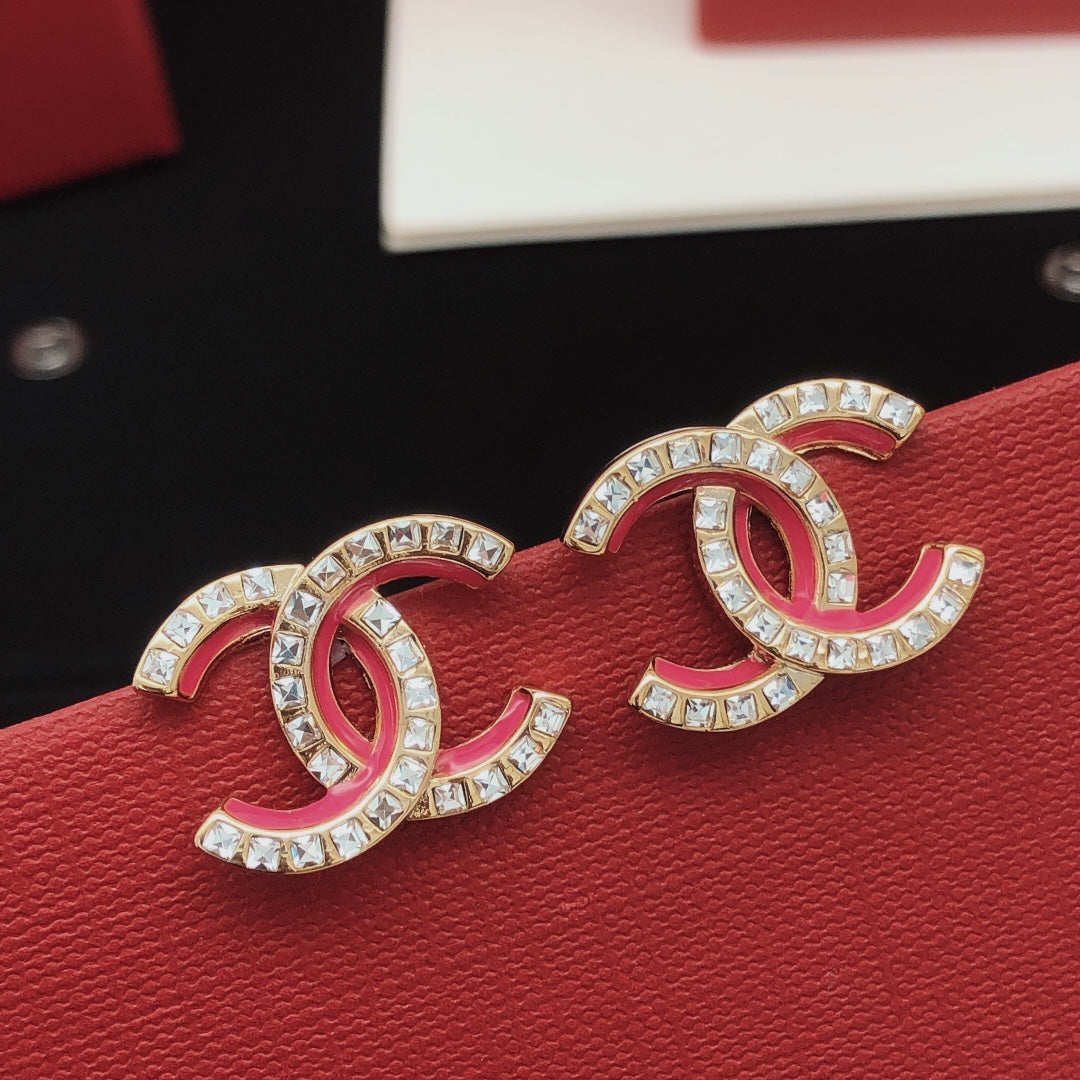 Chanel Pink Resin Crystals 18K Gold Earrings