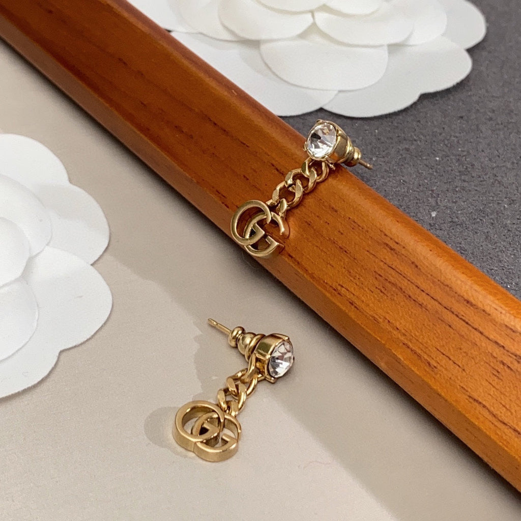 Gucci Double Crystal Chain 18K Gold Earrings