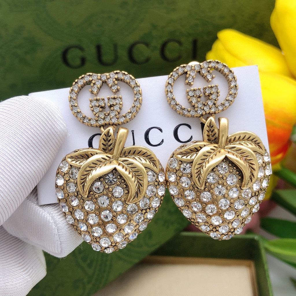 Gucci Double Crystal Strawberry Pendant 18K Gold Earrings