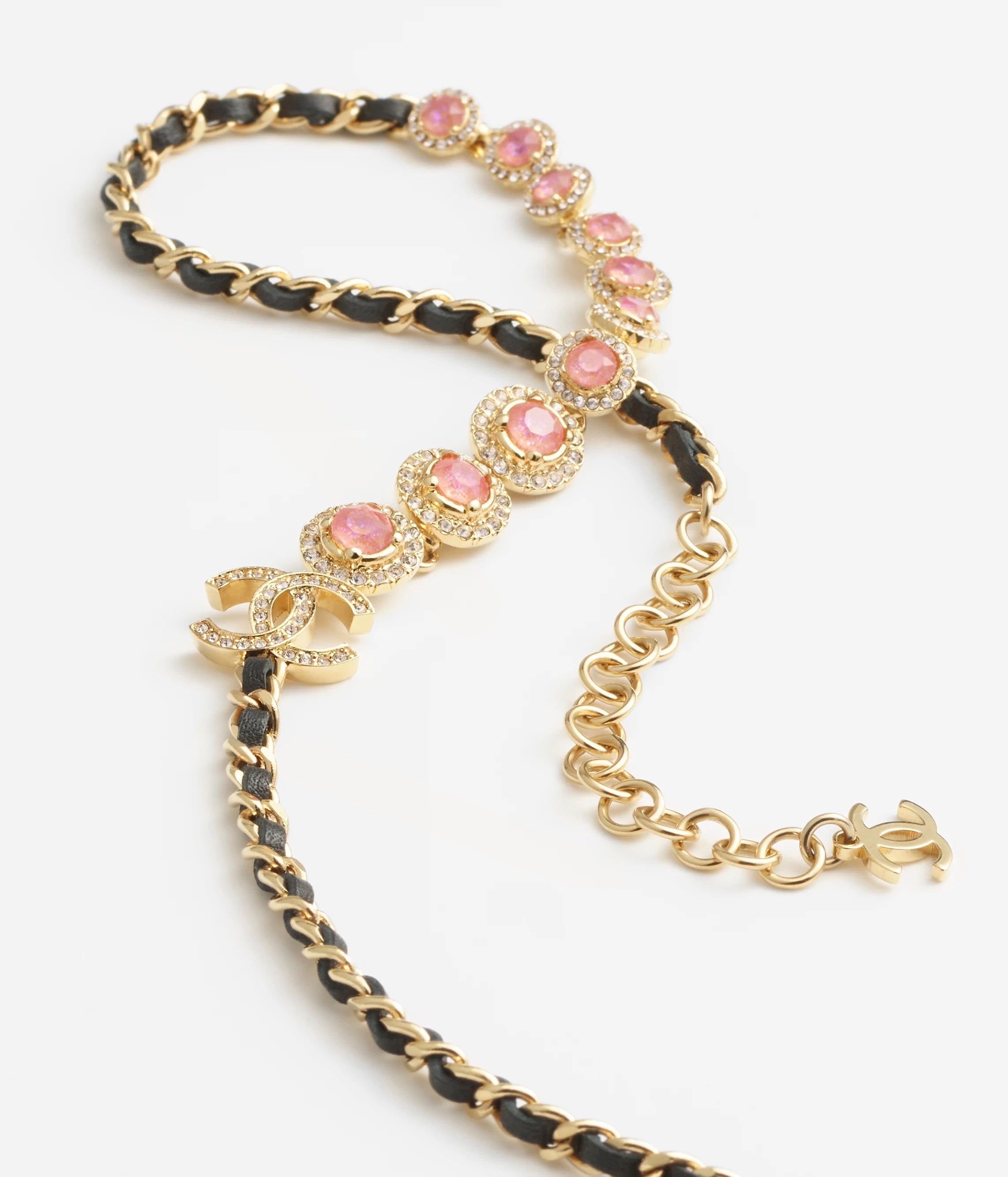 Chanel Pink Crystals Leather 18K Gold Necklace