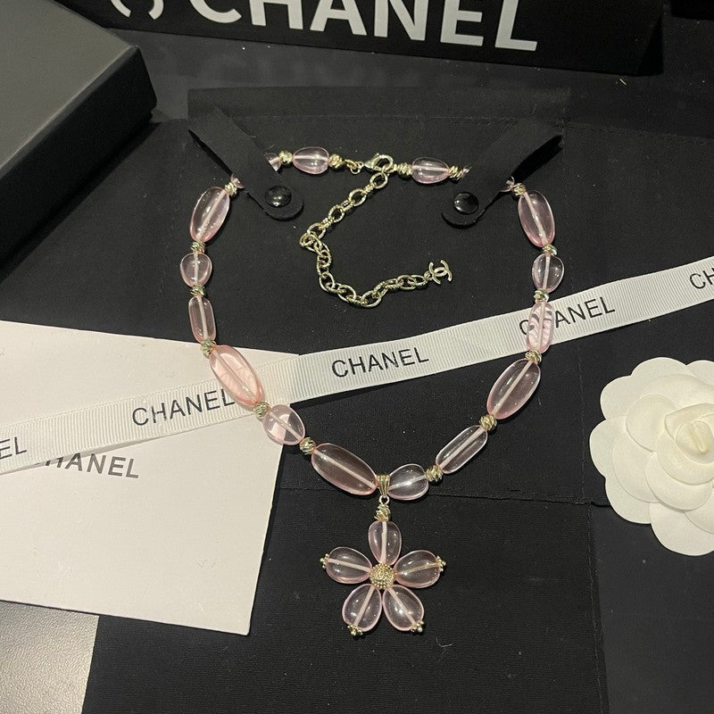 Chanel 26C Pink Crystal Flower 18K Gold Necklace