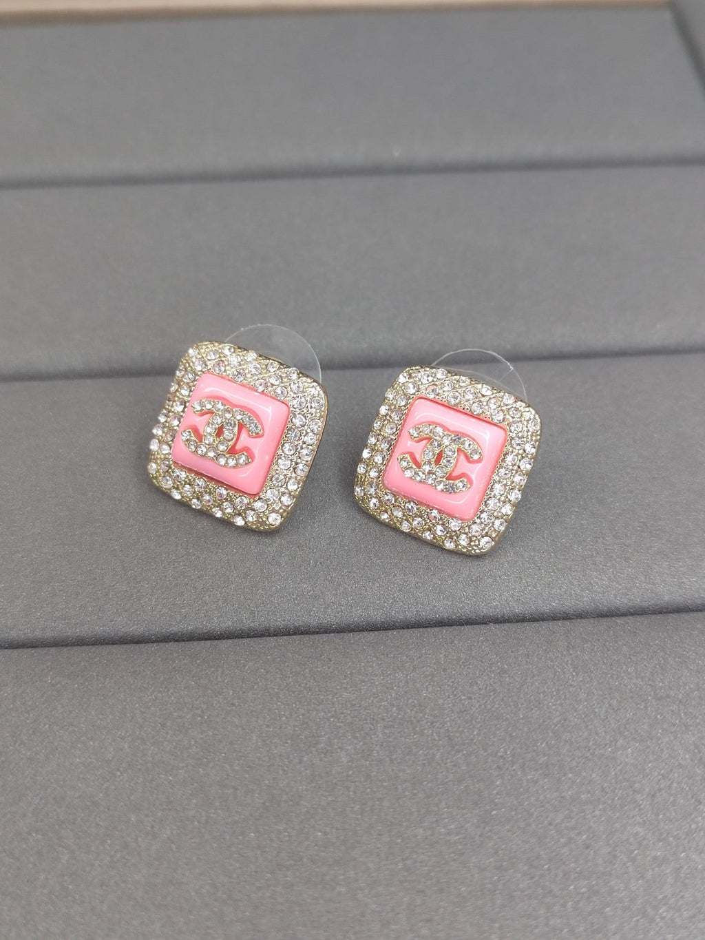Chanel Diamond Square Pink 18K Gold Earrings