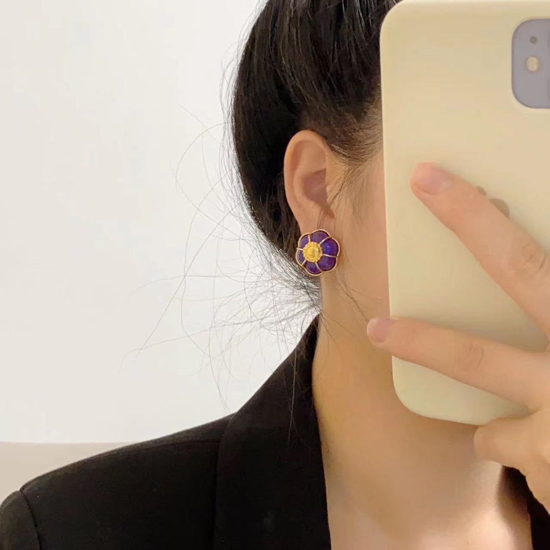 Chanel Purple Flowers 18K Gold Earrings