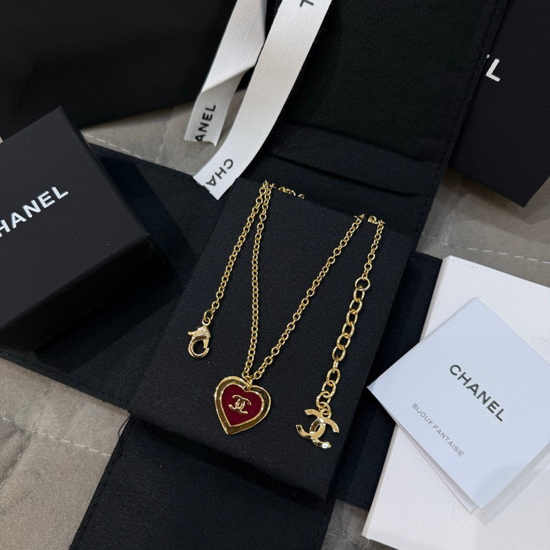 Chanel Black & Red Heart Gold 18K Gold Necklace