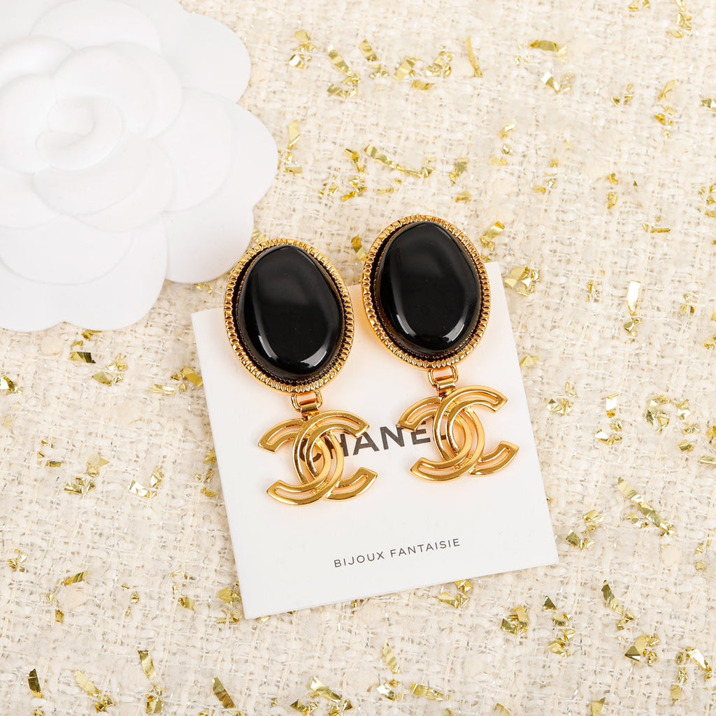 Chanel Black Crystal Pendant 18K Gold Earrings