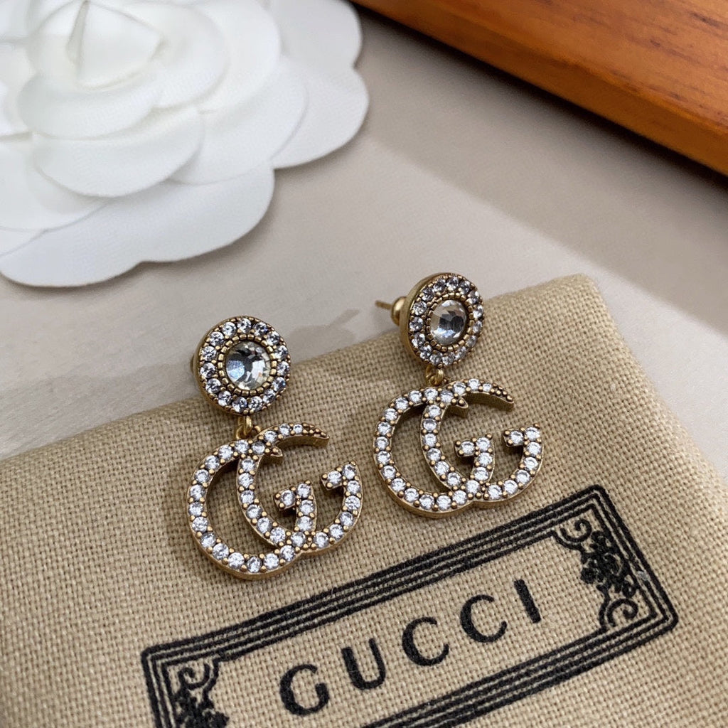 Gucci Double Crystal Pendant 18K Gold Earrings