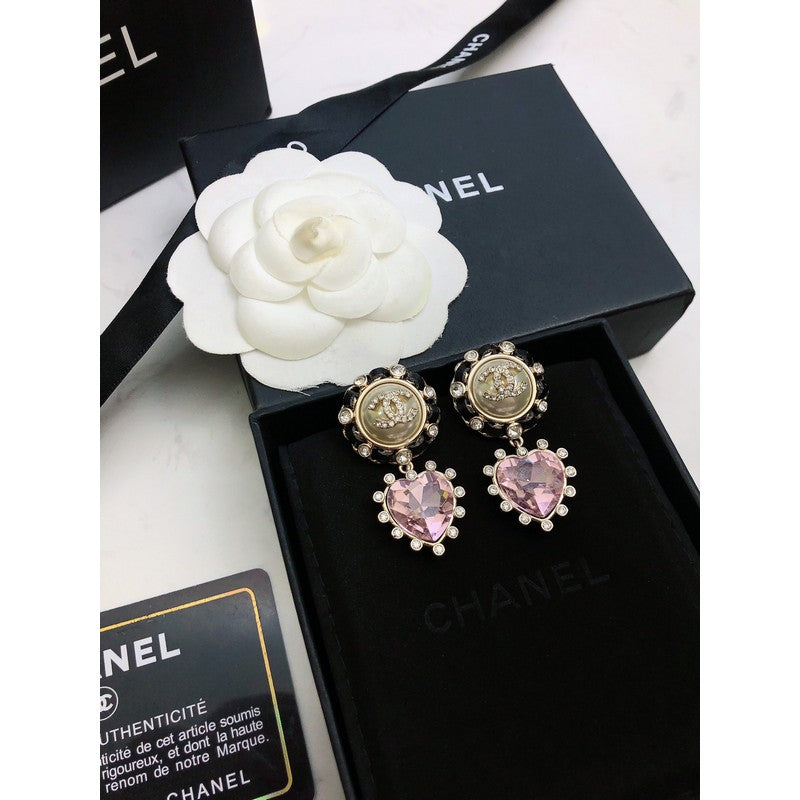 Chanel Heart Pink Crystal 18K Gold Earrings