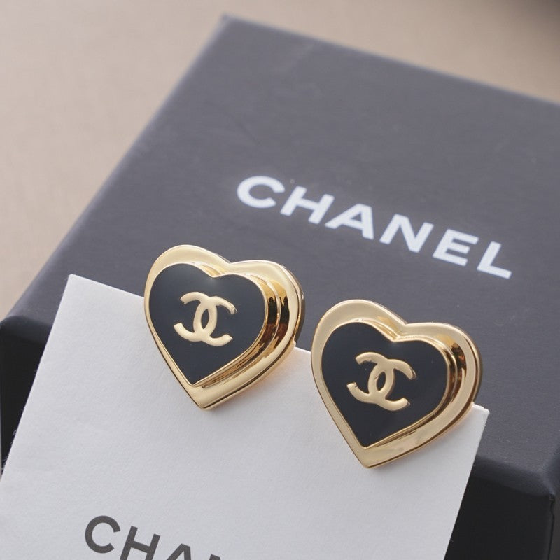 Chanel Black & Red Heart 18K Gold Earrings