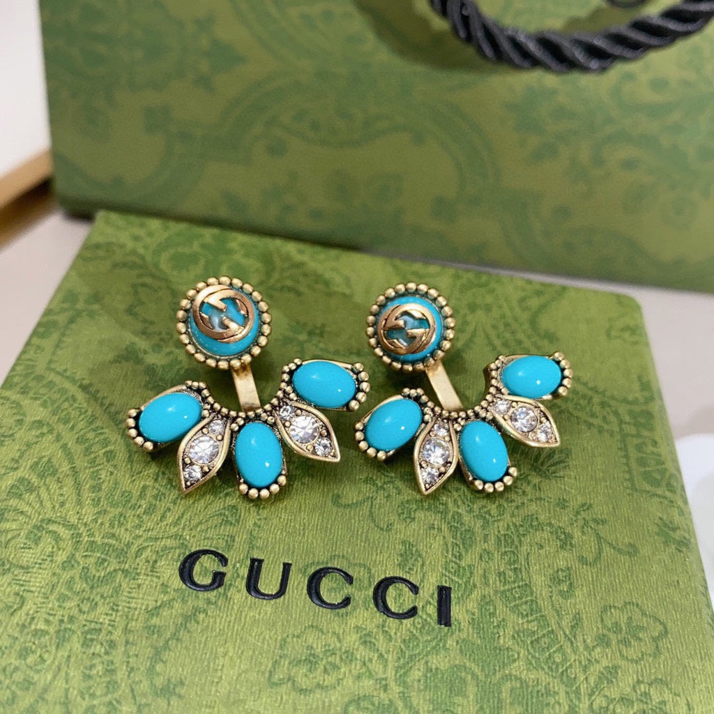 Gucci Double Blue Flowers 18K Gold Earrings