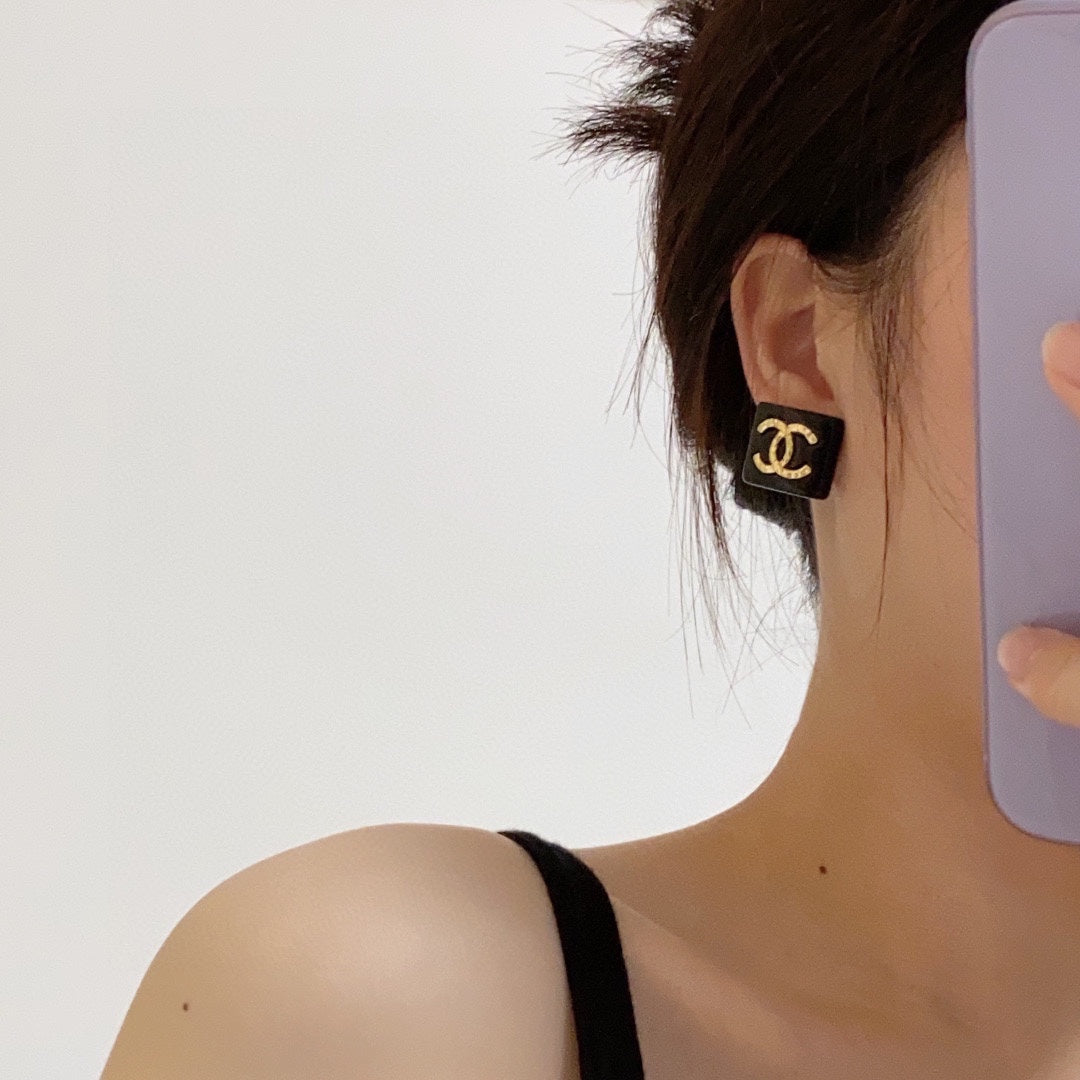 Chanel Black Resin Square 18K Gold Earrings