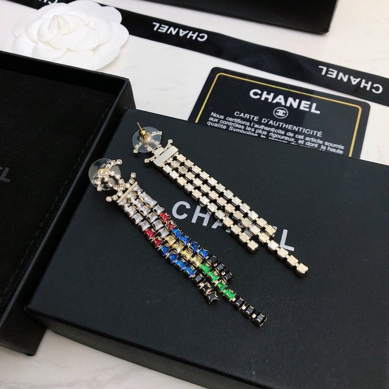 Chanel Long Tassel Color Crystal 18K Gold Earrings