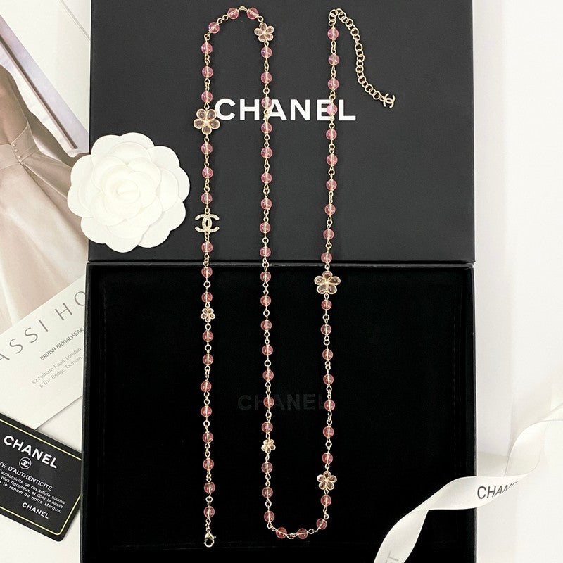 Chanel 26C Pink Crystal Long 18K Gold Necklace