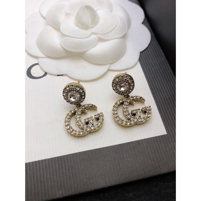 Gucci Double GucciCrystal Pendant 18K Gold Earrings