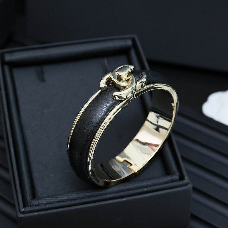Chanel Black Leather Cuff 18K Gold Bracelet