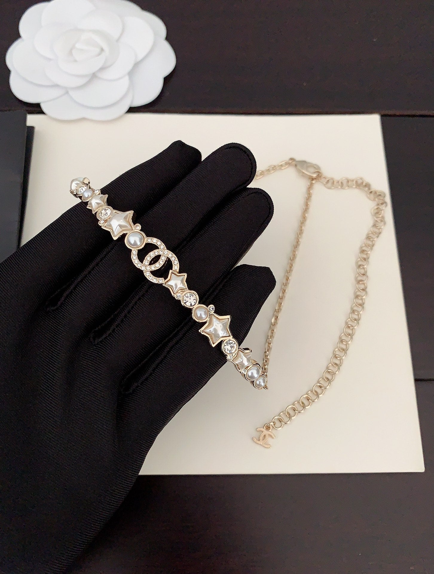 Chanel White Pearl Crystals 18K Gold Necklace
