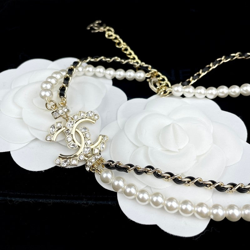 Chanel Pearl Chain Leather 18K Gold Necklace