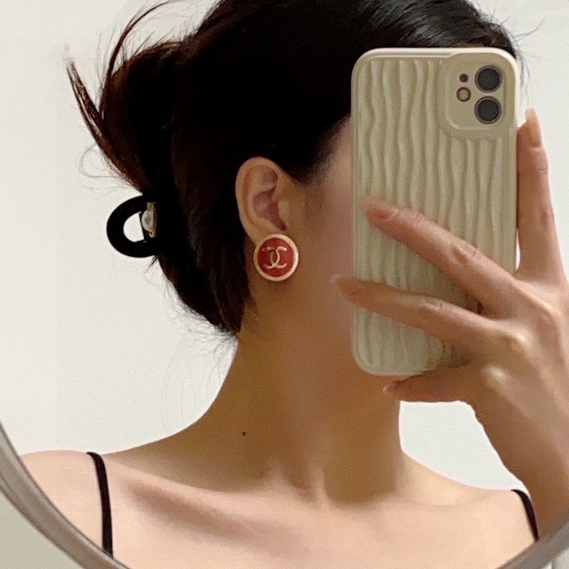 Chanel Pink Round 18K Gold Earrings