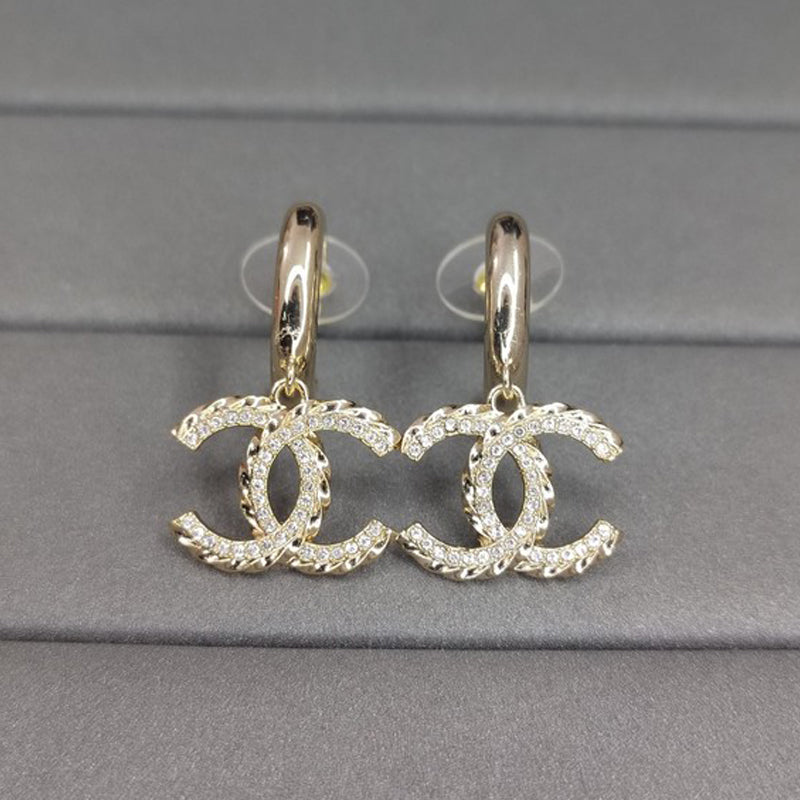 Chanel Diamond Pendant 18K Gold Earrings