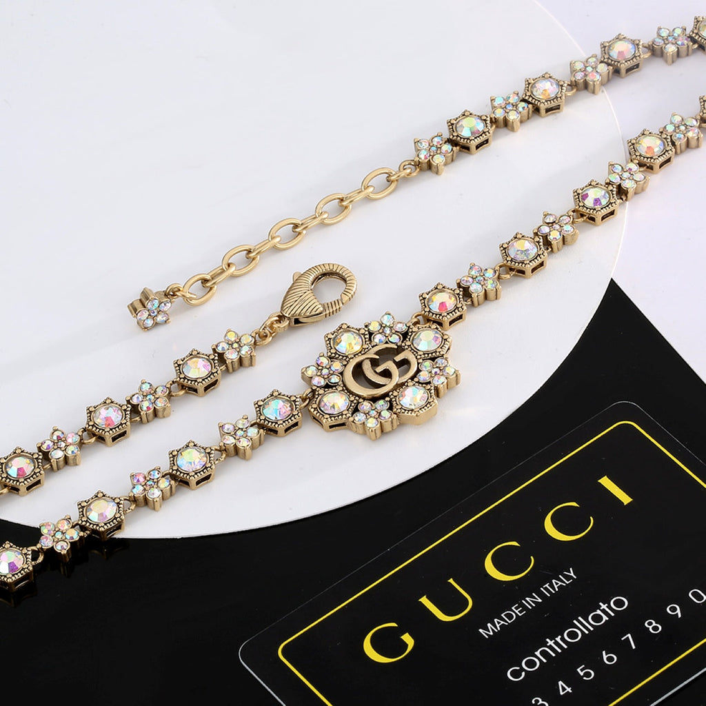 Gucci Double Crystals Chain Choker 18K Gold Necklace